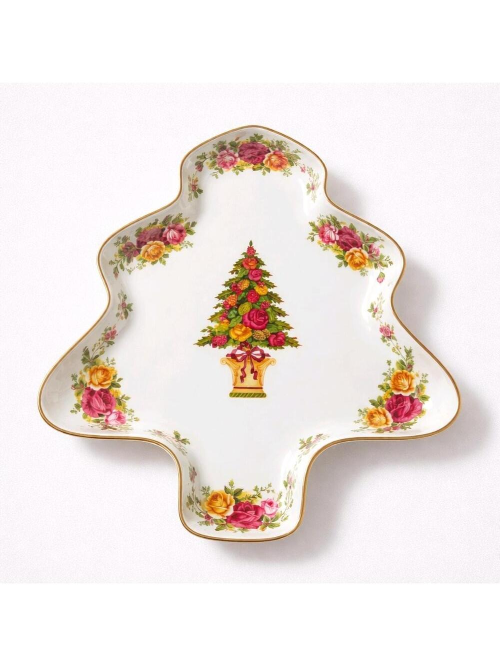 VTG 1962 Royal Albert Christmas Tree Shaped Platter Old Country Roses Gold Trim